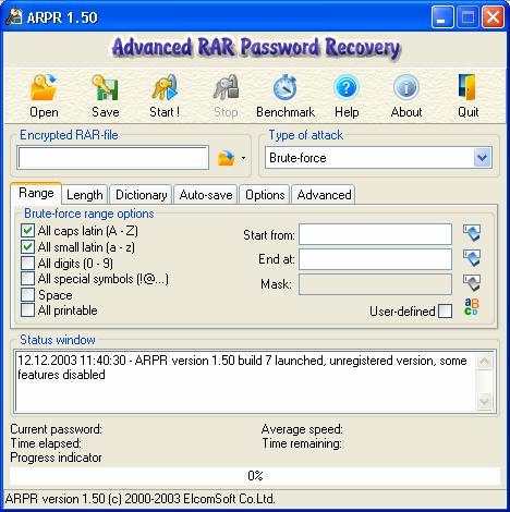Окнопрограммы Advanced RAR Password recovery